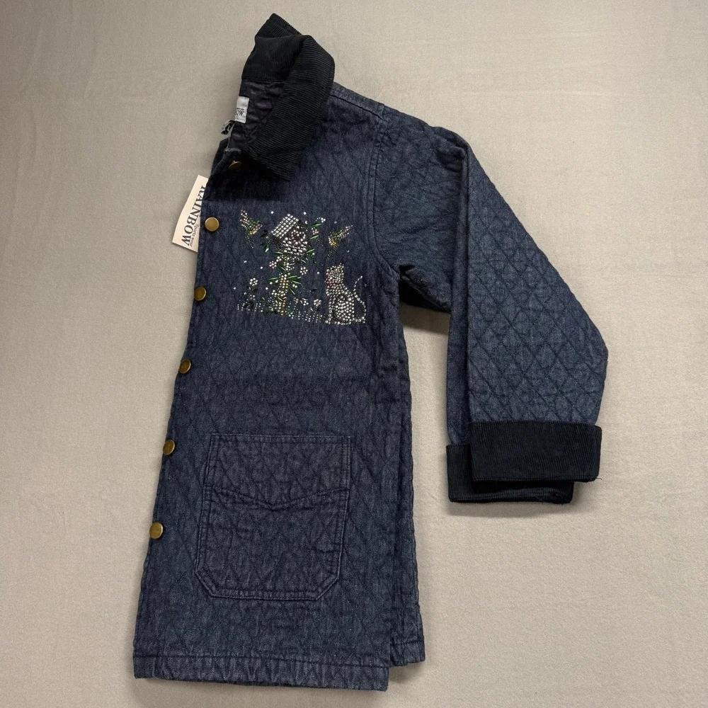 Rainbow Quilted‎ Denim Jacket Rhinestone Cat Snap Front Corduroy Collar Women